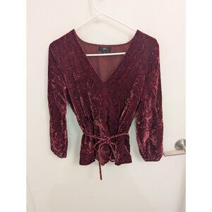 J.CREW Women's Velvet Blouse Burgundy, V-Neck, 3/4 Sleeve, Tie Waist, Size 0